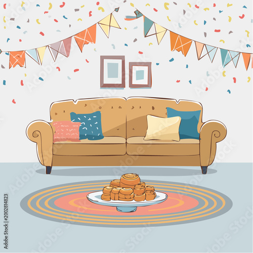 Cozy Living Room with Sofa, Buns, and Party Decorations