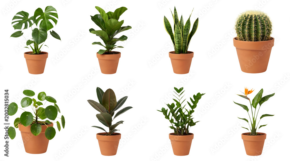 Fototapeta premium Potted indoor plants collection, set of 8 tropical houseplants in terracotta clay pots, monstera and cactus greenery on white background