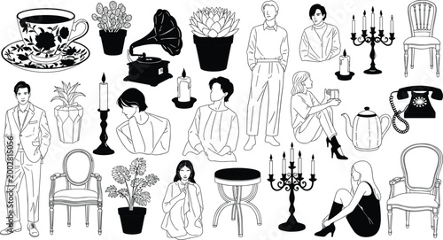 Vintage and Cozy Home Decor Vector Set Featuring Plants, Furniture, Retro Objects, and Elegant People for Lifestyle Illustrations