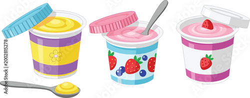 Set of Yogurt Containers with Fruit Toppings and Spoons for Dairy Products, Desserts, and Food Packaging Design in Digital and Graphic Media
