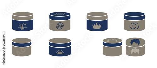 Hair Care Cosmetic Cream Jar Icons Set Featuring Various Treatment Symbols and Product Benefits for Beauty Industry Branding and Professional Salon Marketing Materials Vector Illustration