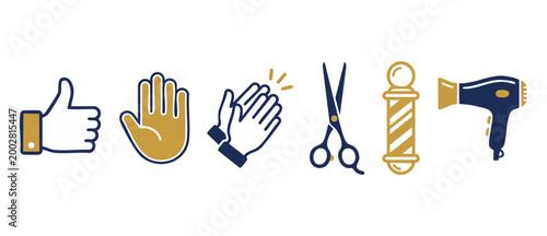 Barber Shop Icons Set Featuring Scissors, Hair Dryer, and Hand Gestures, Professional Hairdressing Elements in Minimalist Flat Vector Style for Salon Branding, Service Menu, and Graphic Design Project