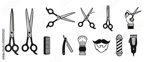 Barber tools icons set, professional hairdressing equipment for haircut, beard shaving, and salon services, isolated graphic vector elements for branding, menu design, and barbershop marketing materia
