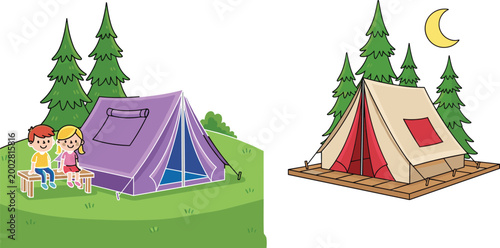 Camping Tent Icon Set Featuring Children, Outdoor Activities, and Nature Elements for Family, Adventure, and Vacation Designs