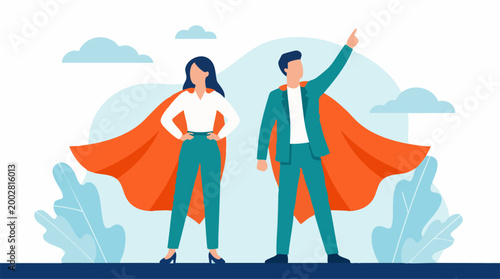 Obraz na plátne Business man and woman in superhero capes, symbolizing success and leadership