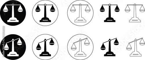 Justice scale balance set collection group, law legal weigh symbol icon pack, equality fairness judgement libra court sign, flat and line style black vector isolated on transparent background