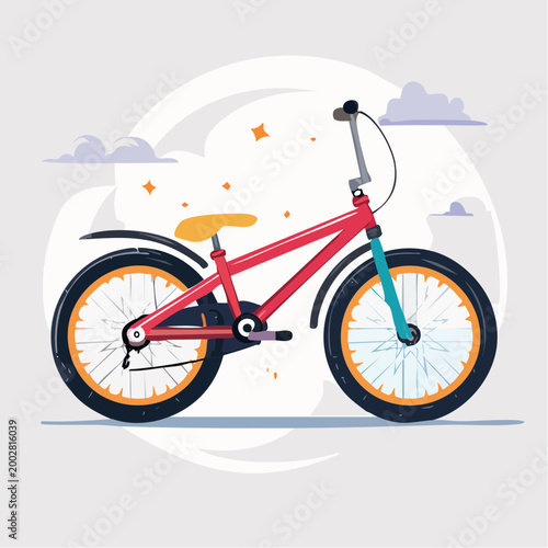 Red BMX Bicycle Illustration with Clouds and Stars