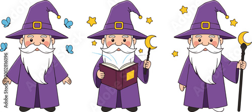 Wizard Character Icon Set Featuring Magical Beards, Wands, and Spells for Fantasy, Magic, and Adventure Designs