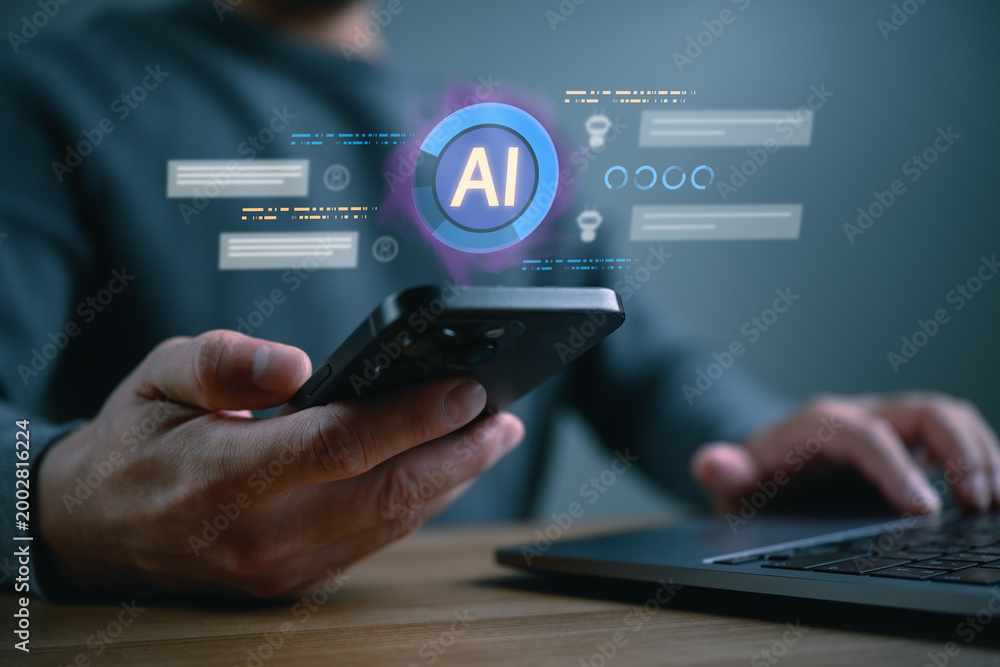 Naklejka premium Man using smartphone with artificial intelligence interface, AI icon and digital data visualization, representing smart technology, automation, machine learning and future business innovation concept