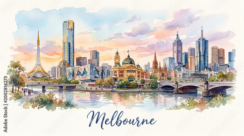 Fototapeta premium Watercolor Illustration of Melbourne's Vibrant Skyline with Historic and Modern Architecture including iconic landmarks and lush