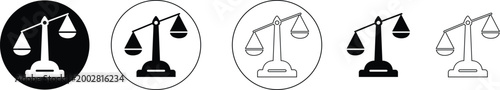 Justice scale balance set collection group, law legal weigh symbol icon pack, equality fairness judgement libra court sign, flat and line style black vector isolated on transparent background