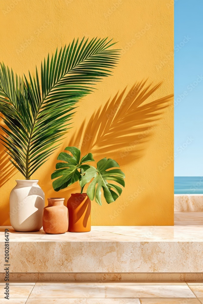 Obraz premium Minimal tropical still life with palm and monstera in vases against a warm yellow wall by the sea