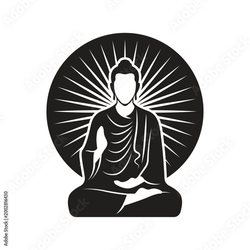 Buddha meditation sit and on lotus in circle with line light rays black tone vector design
