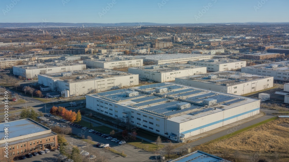 Fototapeta premium Aerial view of a large industrial business park with warehouses