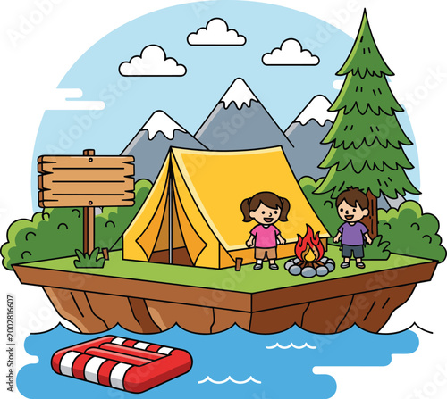 Camping Adventure Icon Set Featuring Tent, Fire, Children, and Outdoor Activities for Nature, Travel, and Family Fun Designs