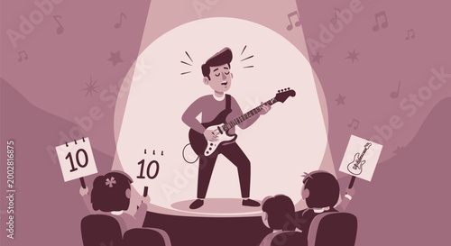 Rock concert, energetic guitarist, music festival, live performance, purple illustration