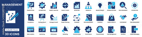 Management flat icon collection. Containing leadership, supervision, hiring, management, development, organization, teamwork and delegation icons. Solid icons collection. Vector illustration.