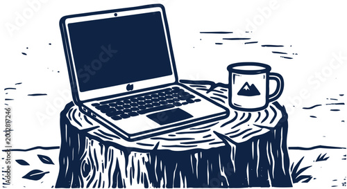 Laptop on a Tree Stump Remote Work Linocut Vector