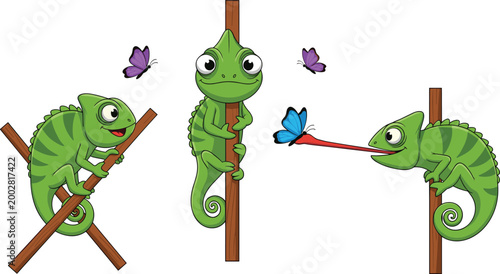 Cute Chameleon Character Icon Set Featuring Butterfly Interactions and Nature Elements for Animal, Fantasy, and Cartoon Designs