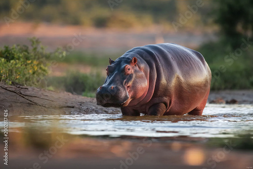 Hippopotamus standing in shallow water during golden hour, captured in a natural wildlife setting with warm light and soft blurred background.