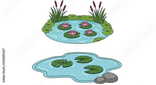 Pond and Lily Pad Icon Set Featuring Water Lilies, Rocks, and Nature Elements for Outdoor, Garden, and Tranquil Designs