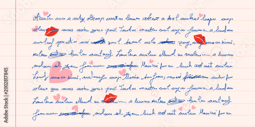 2940Handwritten Love Letter With Red Kiss Marks And Hearts Vector Illustration. Unreadable romantic text with cursive calligraphy style. Illegible poetry perfect for valentines day, love cards 
