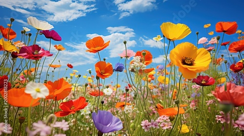 Close up view of bright red poppies and yellow wildflowers swaying gently in the breeze.