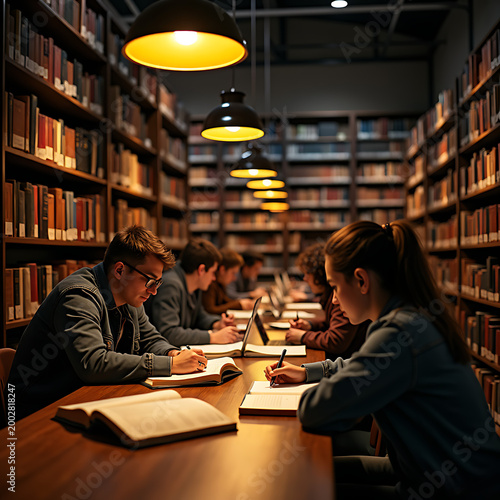 Diverse students deeply engrossed in study sessions within library, surrounded by towering bookshelves and warm lighting.