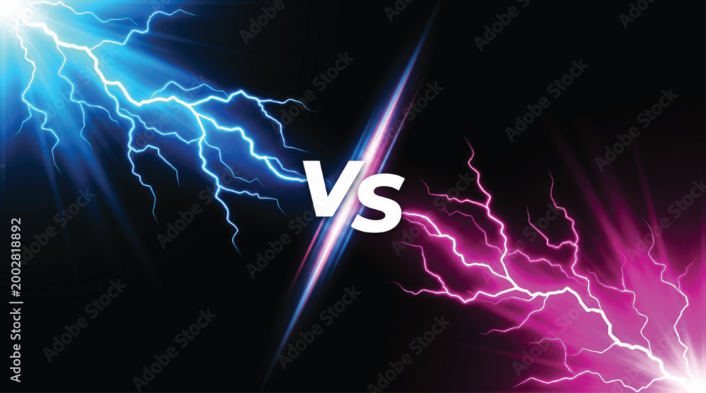 Fototapeta premium Blue and pink lightning bolts clashing in dark background with vs text in center representing competition rivalry duel or versus concept for digital marketing and creative graphic design.