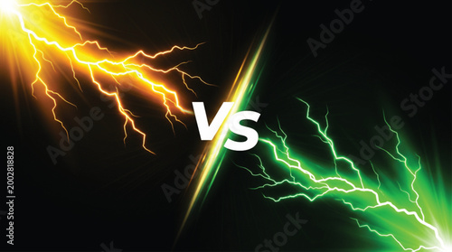 Yellow and green lightning bolts clashing in dark background with vs text in center representing competition rivalry duel or versus concept for digital marketing and creative graphic design.