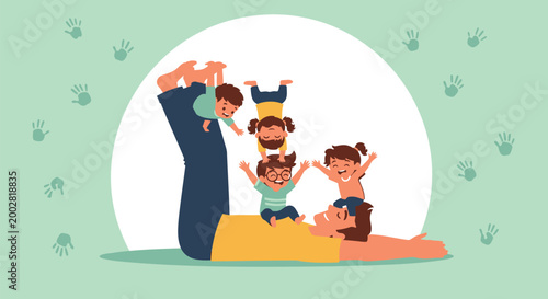 Vector illustration of happy family, playful children, parent child interaction, green background