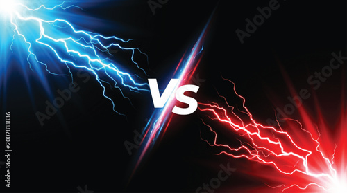 Blue and red lightning bolts clashing in dark background with vs text in center representing competition rivalry duel or versus concept for digital marketing and creative graphic design.