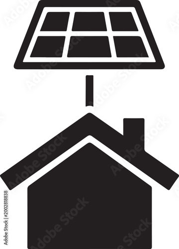 A simple black silhouette of a house with solar panels on the roof silhouette