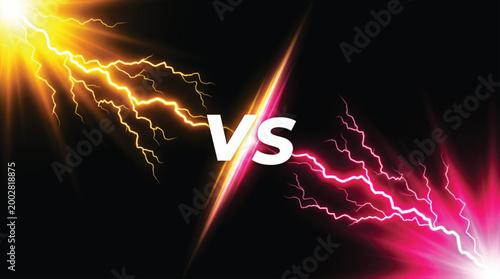 Yellow and pink lightning bolts clashing in dark background with vs text in center representing competition rivalry duel or versus concept for digital marketing and creative graphic design.