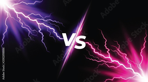 Purple and pink lightning bolts clashing in dark background with vs text in center representing competition rivalry duel or versus concept for digital marketing and creative graphic design.