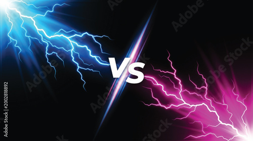 Blue and pink lightning bolts clashing in dark background with vs text in center representing competition rivalry duel or versus concept for digital marketing and creative graphic design.