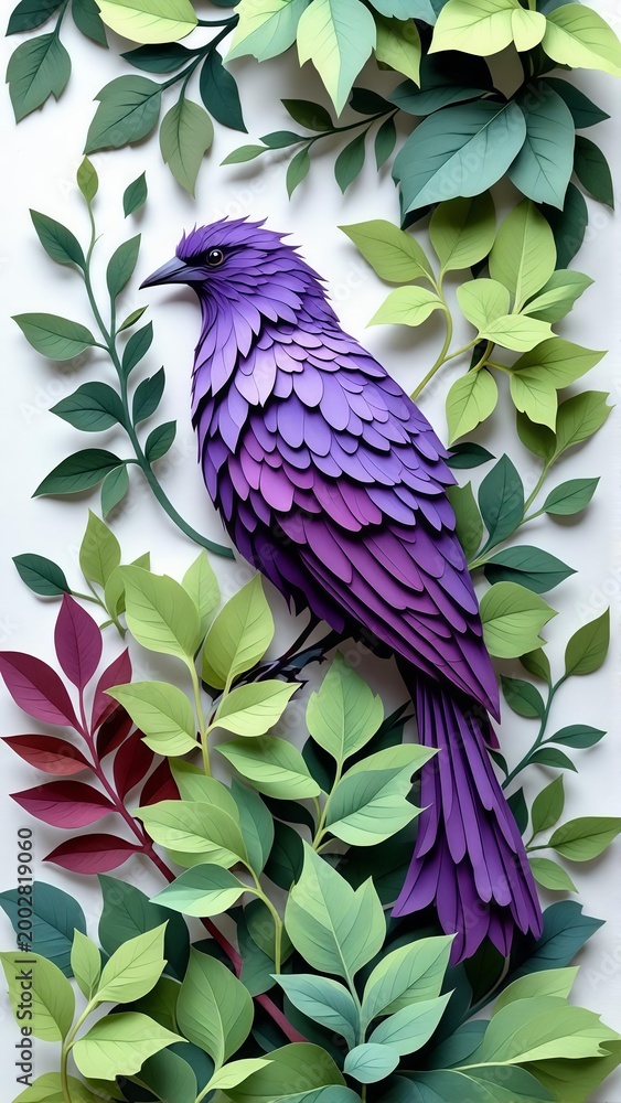 Obraz premium Purple Paper Cut Bird Illustration Among Green Leaves
