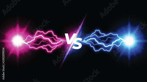 Pink and blue lightning bolts clashing in dark background with vs text in center representing competition rivalry duel or versus concept for digital marketing and creative graphic design.