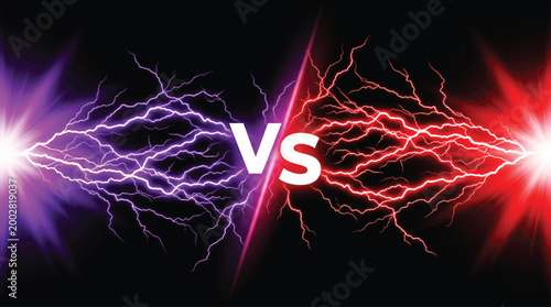 Purple and red lightning energy bolts clashing with central versus symbol in digital art composition for competitive gaming match or versus battle theme background graphic design.