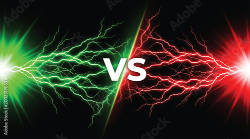 Green and red lightning energy bolts clashing with central versus symbol in digital art composition for competitive gaming match or versus battle theme background graphic design.