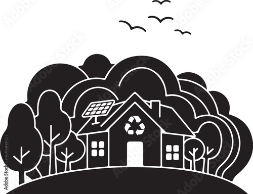 Eco friendly home with solar panels and trees a sustainable living illustration silhouette