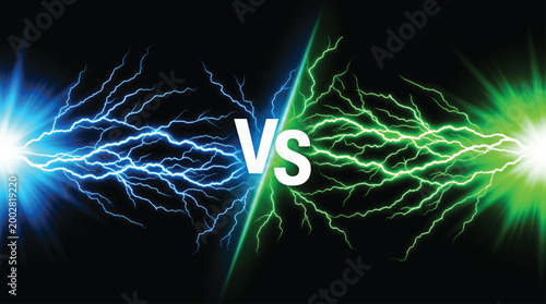 Blue and green lightning energy bolts clashing with central versus symbol in digital art composition for competitive gaming match or versus battle theme background graphic design.