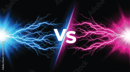 Blue and pink lightning energy bolts clashing with central versus symbol in digital art composition for competitive gaming match or versus battle theme background graphic design.