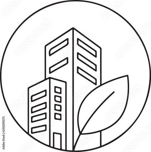 Modern building and leaf illustration within a circular frame a striking silhouette