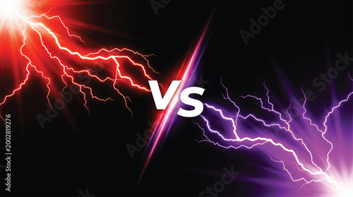 Red and purple lightning energy bolts clashing with central versus symbol in digital art composition for competitive gaming match or versus battle theme background graphic design.