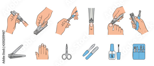 Nail Care Routine and Manicure Tools Illustration Set for Personal Hygiene and Pedicure Procedures. Vector icons depicting hand grooming, nail clipping, filing, and professional salon equipment collec