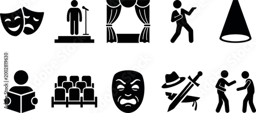 Black silhouette icons representing various aspects of theatre and performance