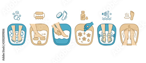Foot Spa Treatment Icons Set: Pedicure Steps, Relaxing Foot Bath, Massage, Scrubbing, Essential Oils, Hydrotherapy, Relaxation Therapy, Personal Care Routine, Beauty Salon Procedure, Home Wellness Vec