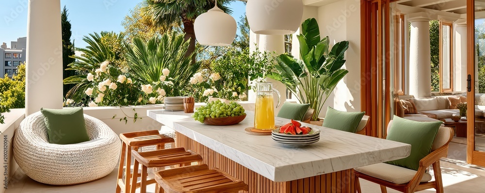 Fototapeta premium Sunlit outdoor dining terrace with marble island, wooden stools, tropical plants and relaxed seating