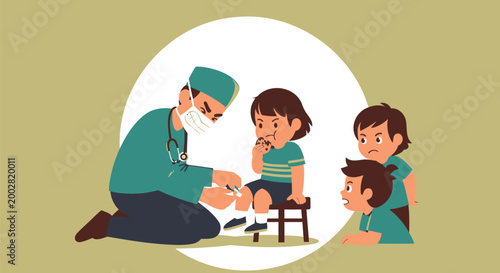 Medical, healthcare, doctor, children, family, green, illustration, vector
